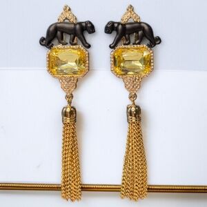 Fabulous 18k Gold Plated Panther Citrine Crystal Tassel Dangle Earrings